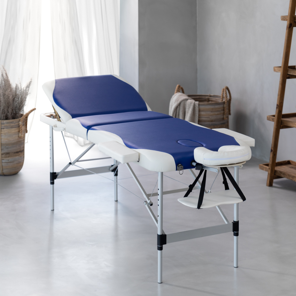 Deluxe aluminium blue and white portable massage table